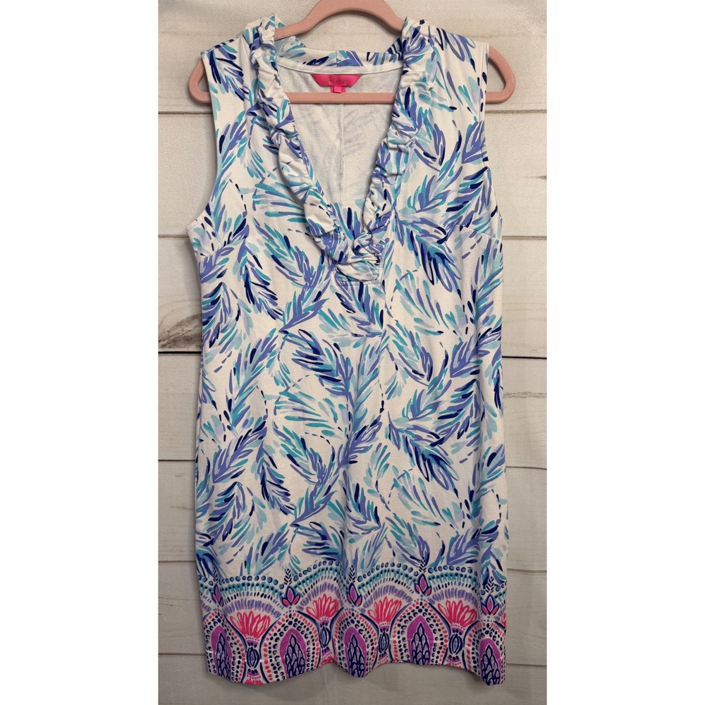 Lilly Pulitzer Blue White Botanical Ruffle Neck Shift Dress Large French Terry